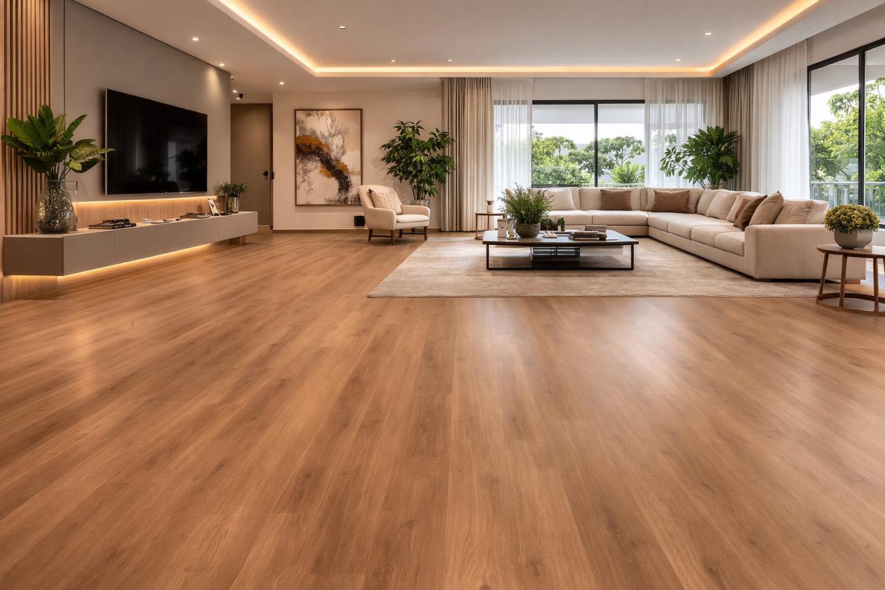 Piso vinílico amadeirado em sala ampla com painel de TV